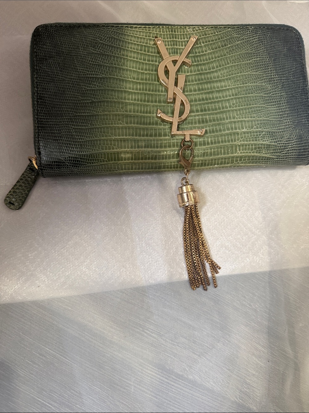 Saint Laurent Green Lizard-Embossed Zip Wallet with Gold YSL Tassel